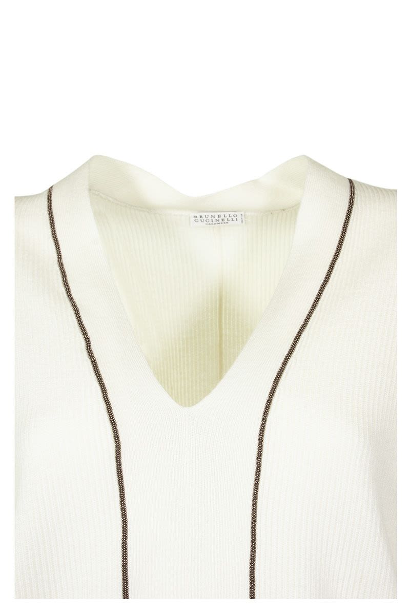 White V-neck Sweater Cashmere sweater with monili - VOGUERINI