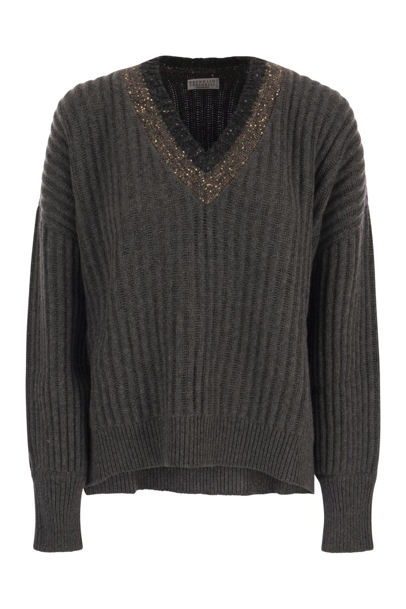 Ribbed cashmere sweater with Dazzling Neckline - VOGUERINI