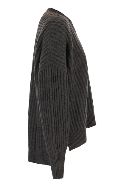 Ribbed cashmere sweater with Dazzling Neckline - VOGUERINI