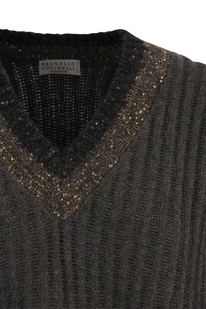 Ribbed cashmere sweater with Dazzling Neckline - VOGUERINI