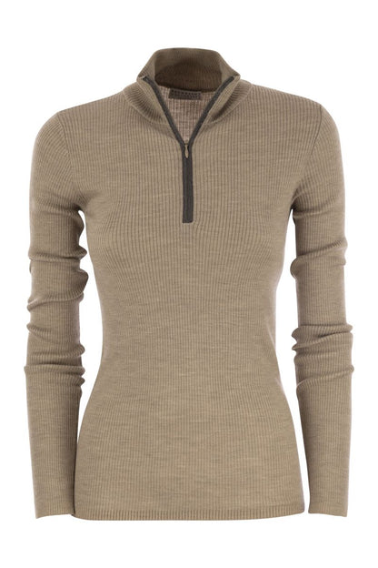 Lightweight ribbed virgin wool and cashmere sweater with Precious Half Zip - VOGUERINI