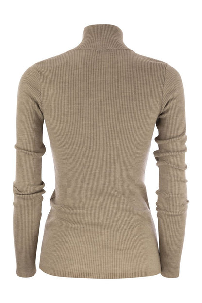 Lightweight ribbed virgin wool and cashmere sweater with Precious Half Zip - VOGUERINI