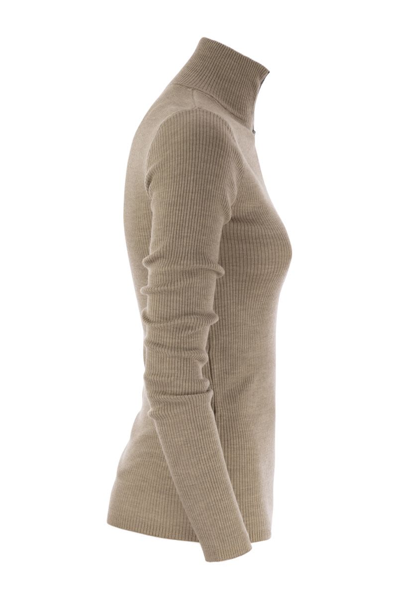 Lightweight ribbed virgin wool and cashmere sweater with Precious Half Zip - VOGUERINI