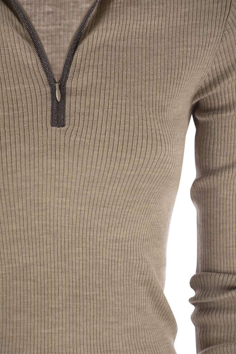 Lightweight ribbed virgin wool and cashmere sweater with Precious Half Zip - VOGUERINI