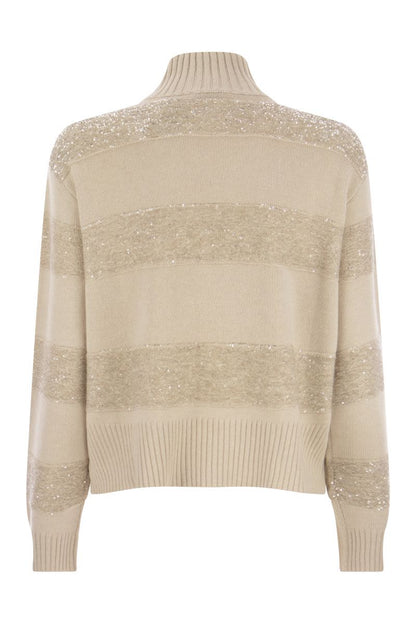 Virgin wool, cashmere and silk turtleneck sweater with Dazzling Mohair Stripes - VOGUERINI