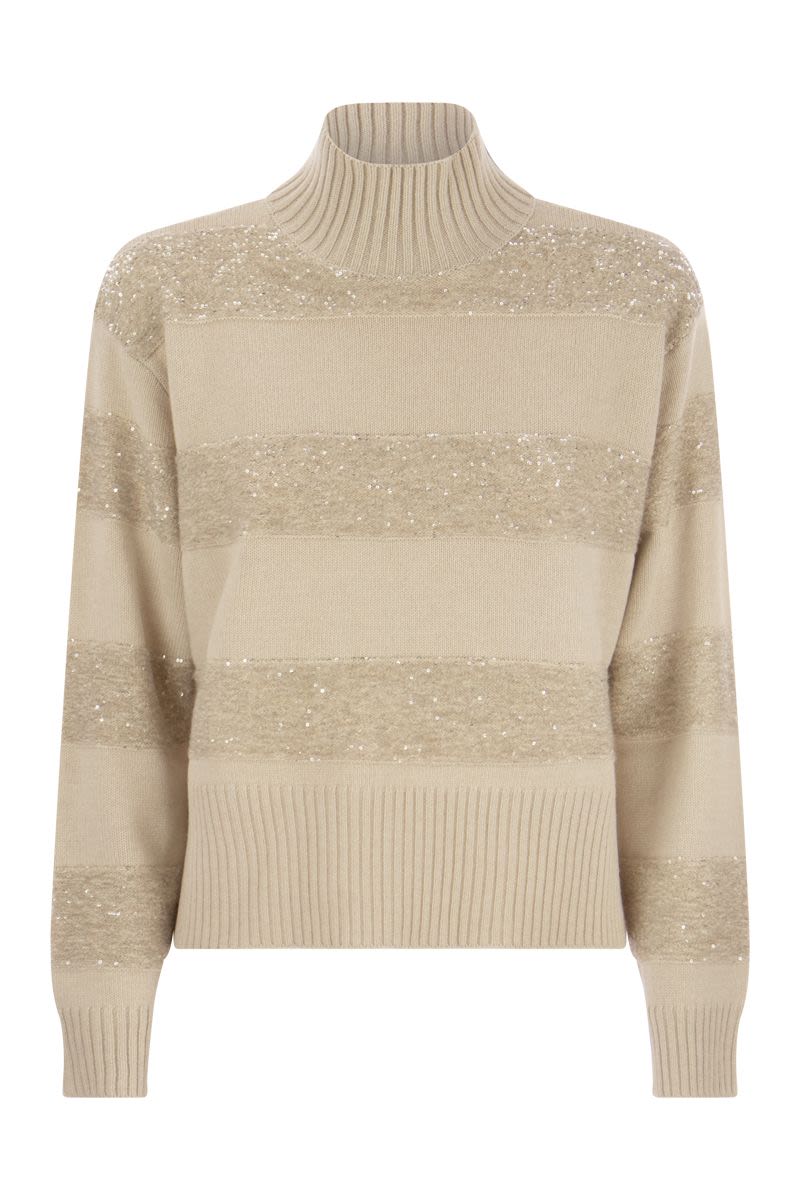 Virgin wool, cashmere and silk turtleneck sweater with Dazzling Mohair Stripes - VOGUERINI