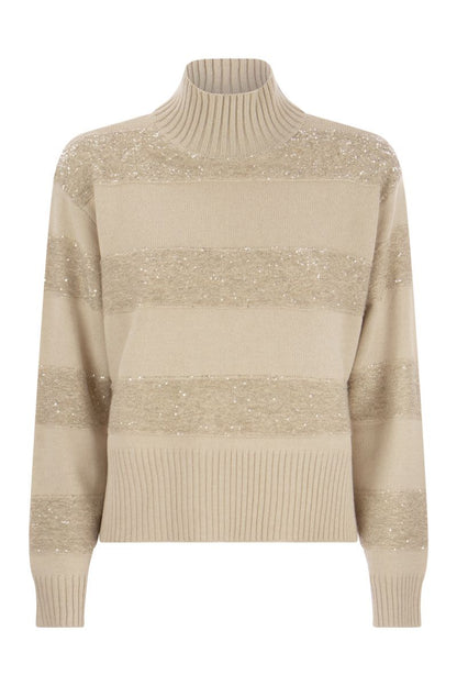 Virgin wool, cashmere and silk turtleneck sweater with Dazzling Mohair Stripes - VOGUERINI