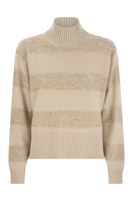 Virgin wool, cashmere and silk turtleneck sweater with Dazzling Mohair Stripes - VOGUERINI