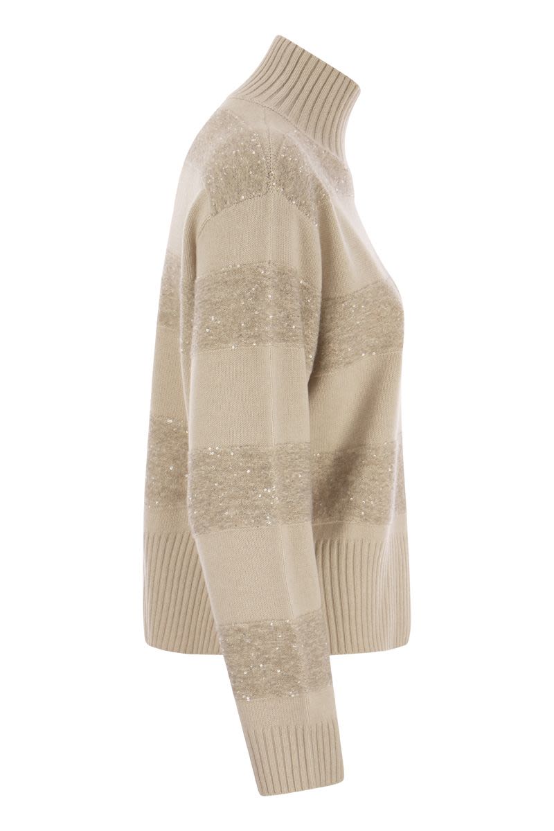 Virgin wool, cashmere and silk turtleneck sweater with Dazzling Mohair Stripes - VOGUERINI