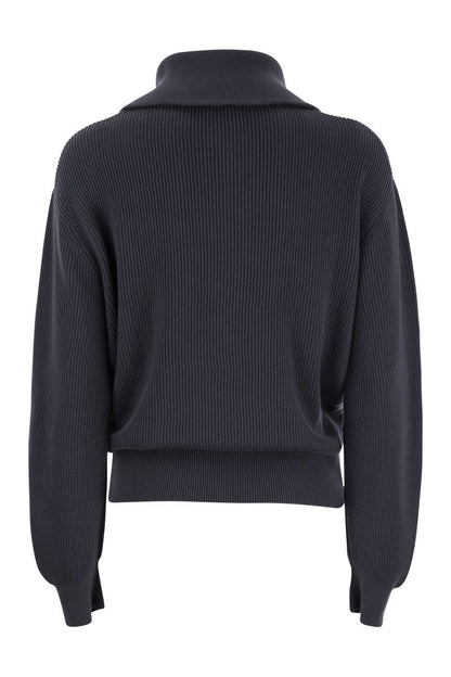 Cotton rib sweater with Precious Button Tab - VOGUERINI