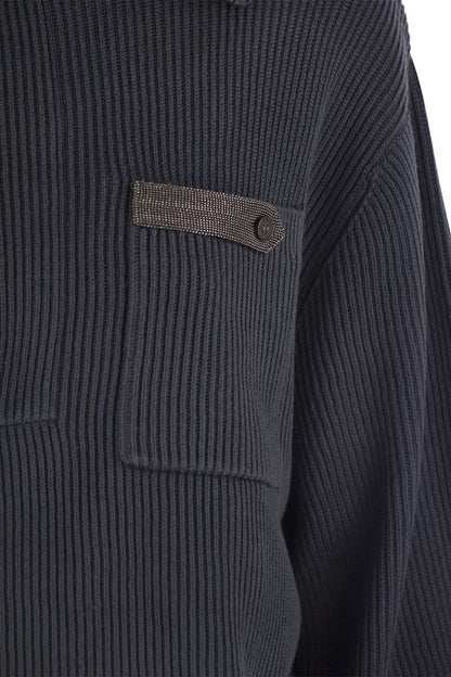 Cotton rib sweater with Precious Button Tab - VOGUERINI