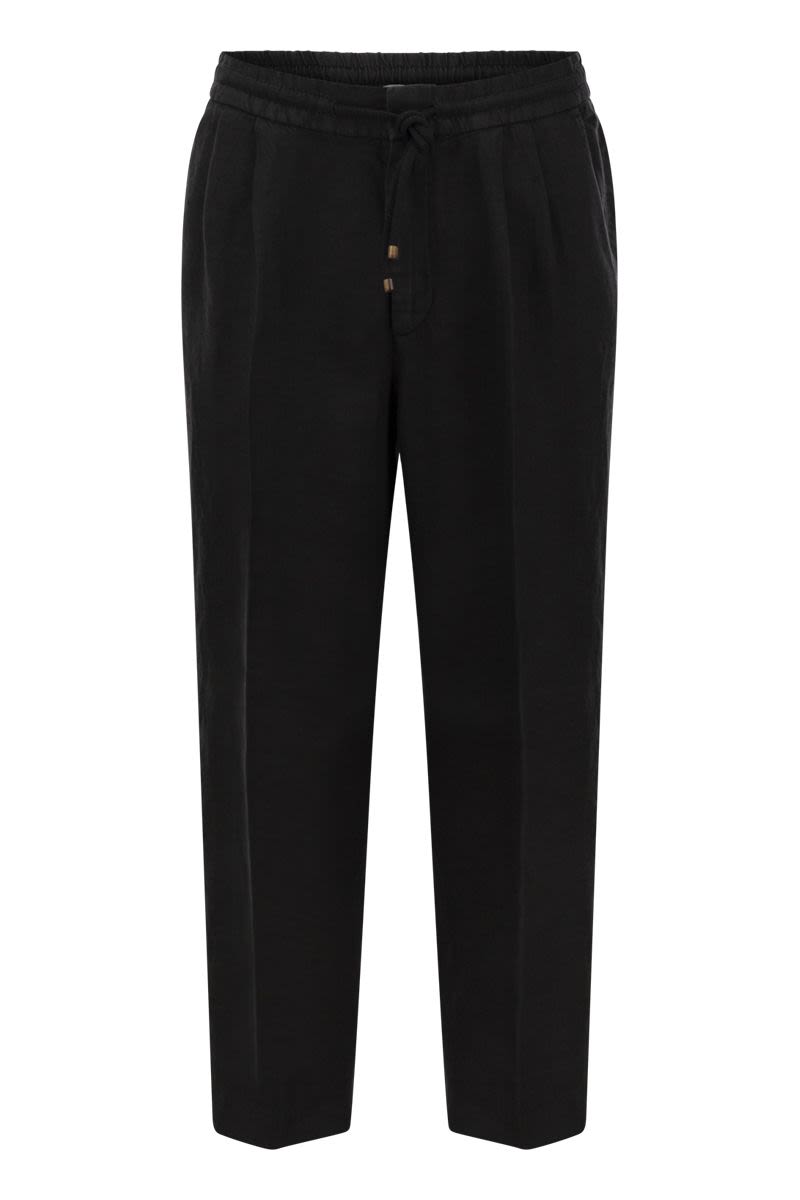 Leisure fit trousers in garment-dyed linen gabardine with drawstring and double darts - VOGUERINI