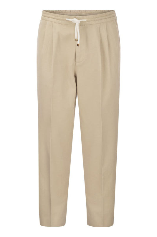 Leisure fit cotton gabardine trousers with drawstring and double darts - VOGUERINI