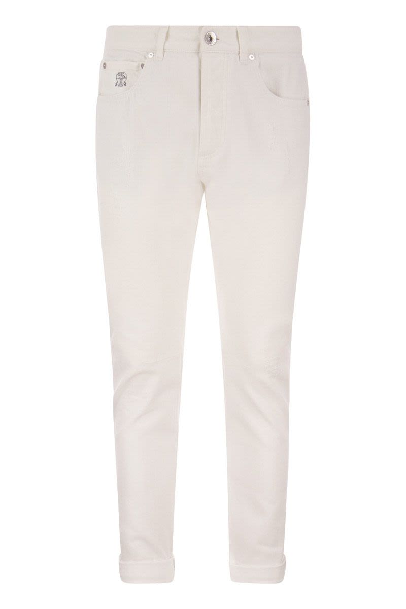 Garment-dyed Traditional Fit Five-pocket Trousers in Slubbed Cotton Denim - VOGUERINI