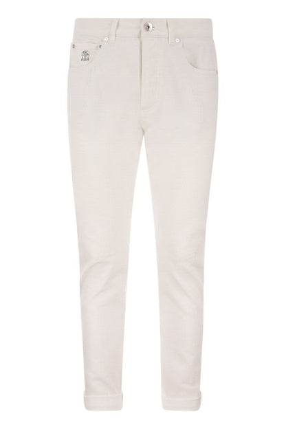 Garment-dyed Traditional Fit Five-pocket Trousers in Slubbed Cotton Denim - VOGUERINI