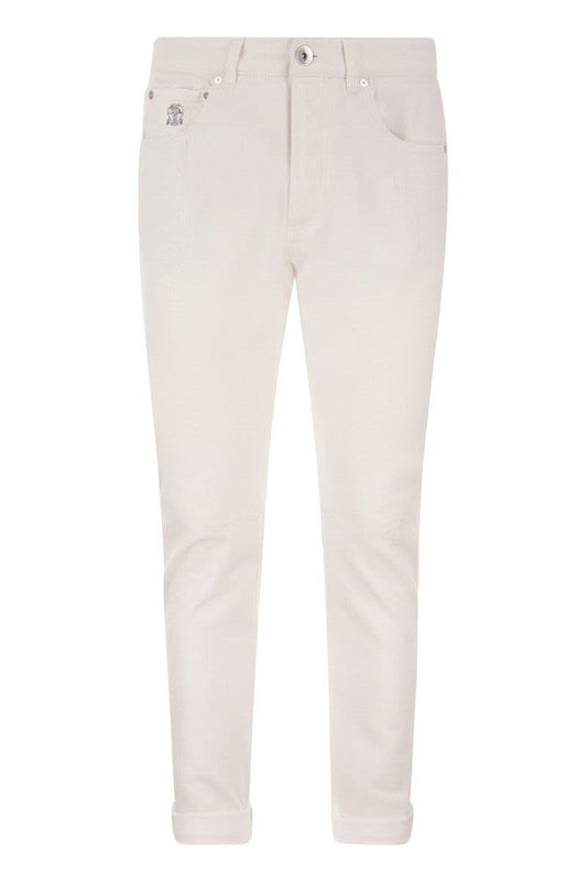 Garment-dyed Traditional Fit Five-pocket Trousers in Slubbed Cotton Denim - VOGUERINI