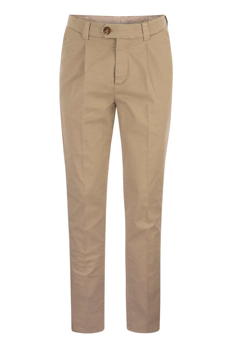 Garment-dyed Leisure Fit Trousers in American Pima Comfort Cotton with Pleats - VOGUERINI