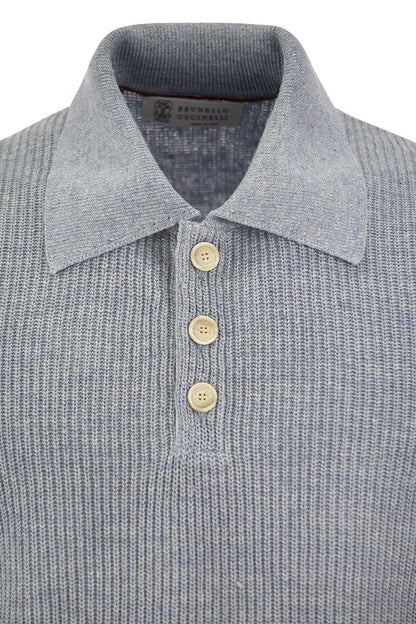 Linen and cotton half-rib knit polo shirt with contrasting detailing - VOGUERINI