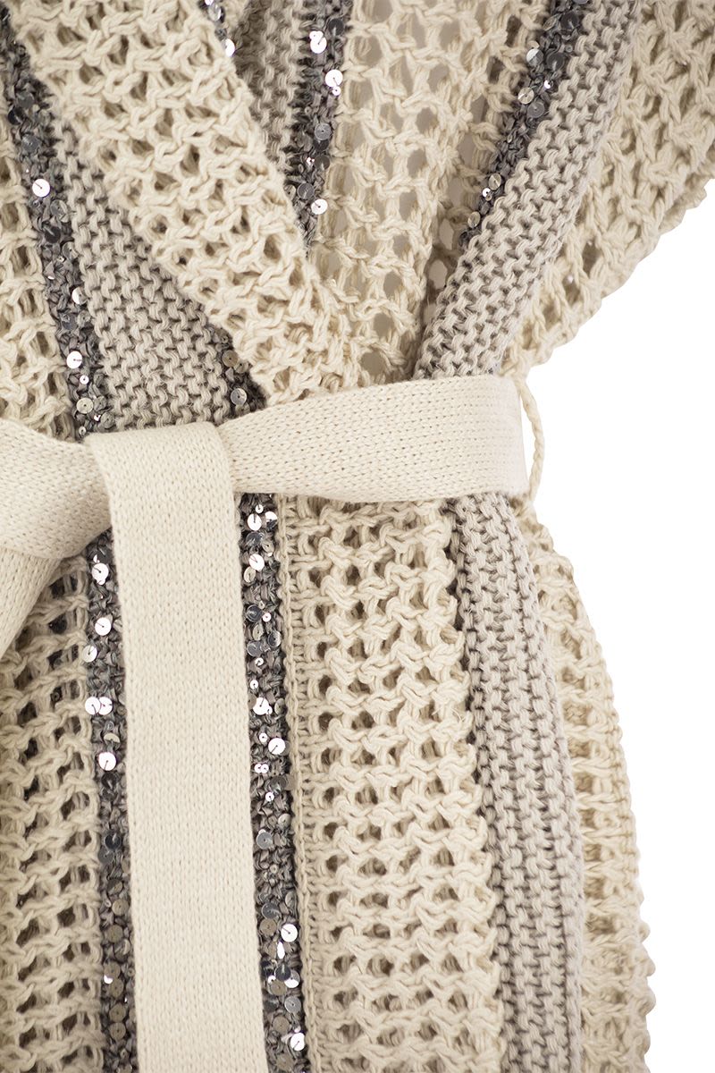 Dazzling Stripe cardigan in jute, linen, cotton and silk net stitch with belt - VOGUERINI