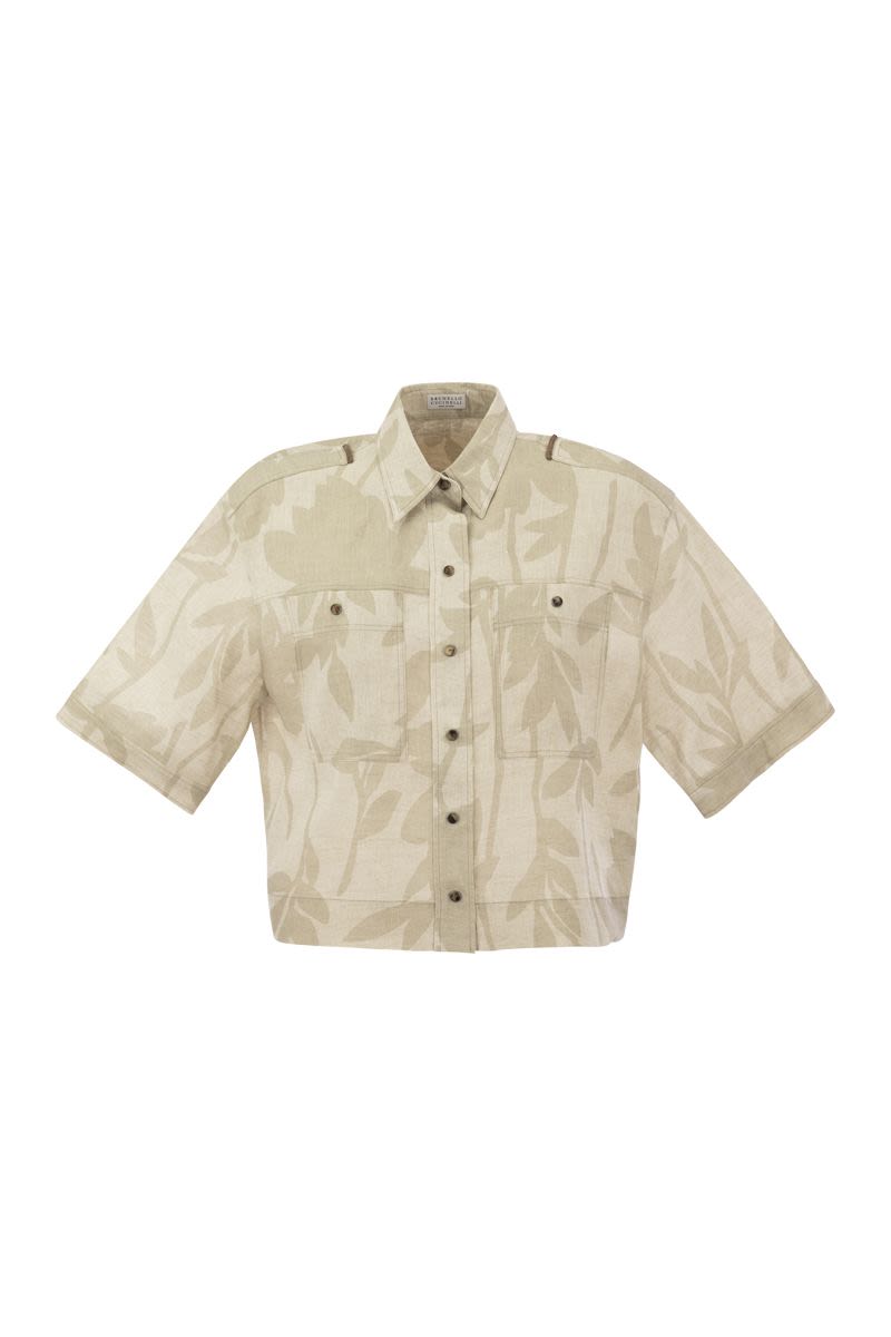 Ramage Print Linen Shirt with Shiny Tabs - VOGUERINI