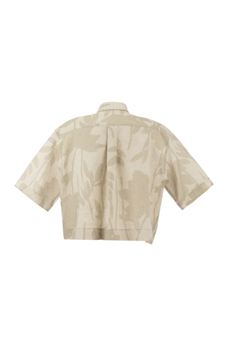 Ramage Print Linen Shirt with Shiny Tabs - VOGUERINI