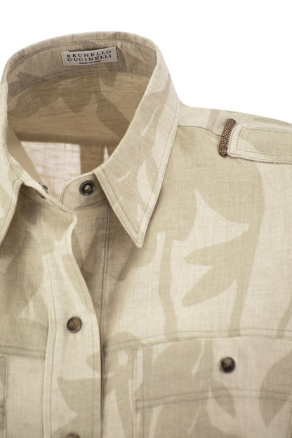 Ramage Print Linen Shirt with Shiny Tabs - VOGUERINI