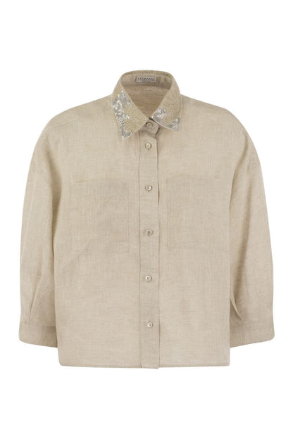 Linen linen shirt with Dazzling Magnolia collar