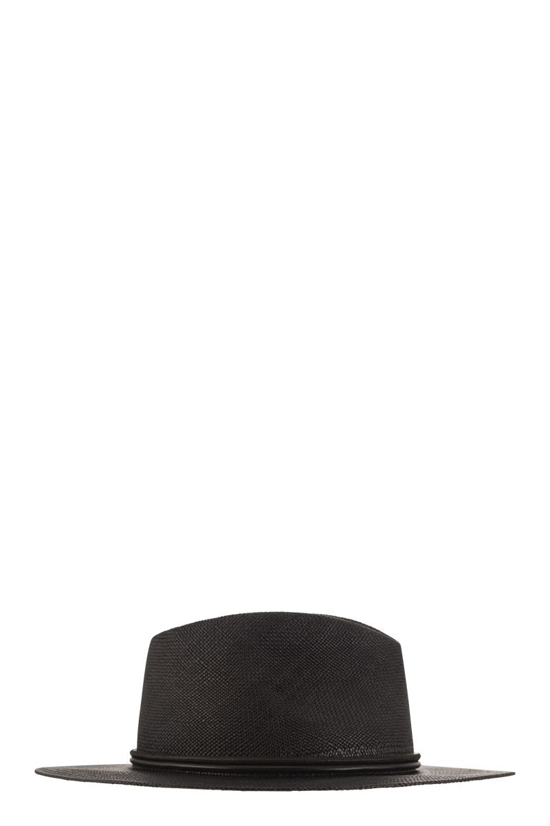 Straw fedora with leather band and necklace