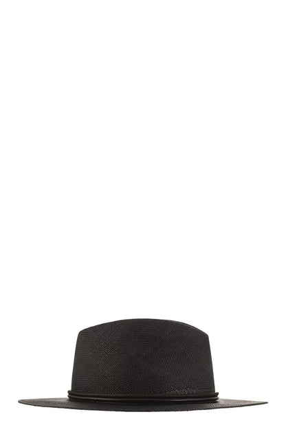 Straw fedora with leather band and necklace