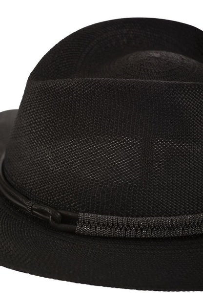 Straw fedora with leather band and necklace