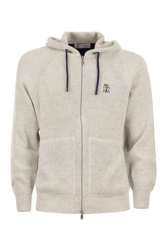 Cotton and linen rib knit topwear with zip and hood - VOGUERINI