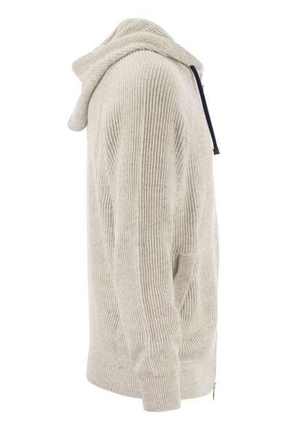 Cotton and linen rib knit topwear with zip and hood - VOGUERINI