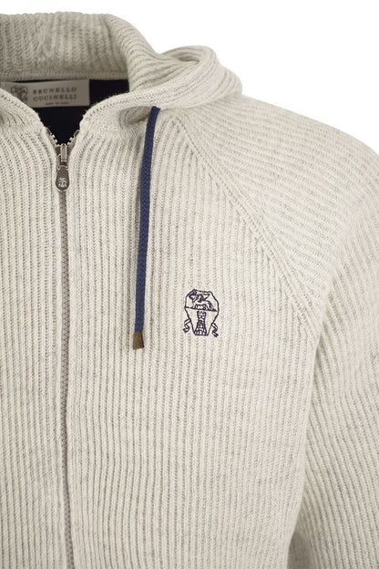 Cotton and linen rib knit topwear with zip and hood - VOGUERINI