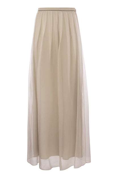 Crispy Silk Pleated Midi Skirt with Shiny Waistband - VOGUERINI