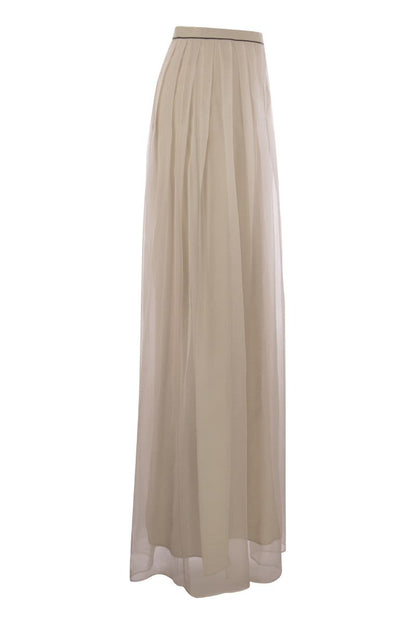 Crispy Silk Pleated Midi Skirt with Shiny Waistband - VOGUERINI