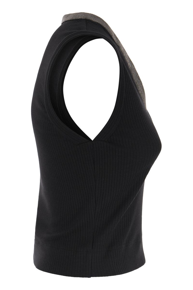 Stretch cotton rib jersey top with Shiny Collar