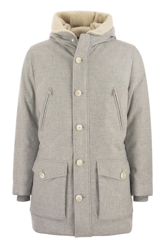 Wool, silk and cashmere parka with down filling and shearling-lined hood - VOGUERINI