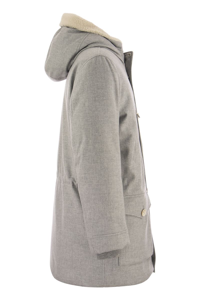 Wool, silk and cashmere parka with down filling and shearling-lined hood - VOGUERINI