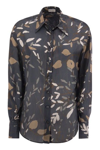 Ramage Print silk pongee shirt with necklace - VOGUERINI