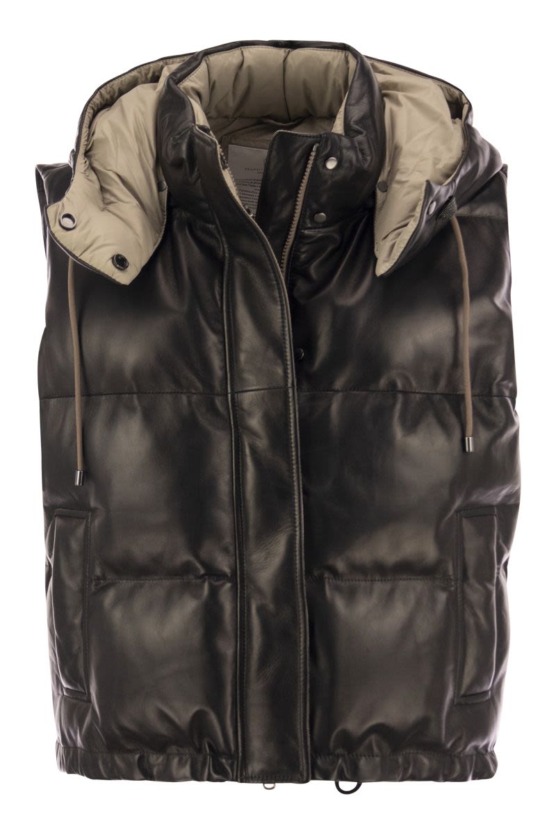 Sleeveless Leather Down Jacket - VOGUERINI