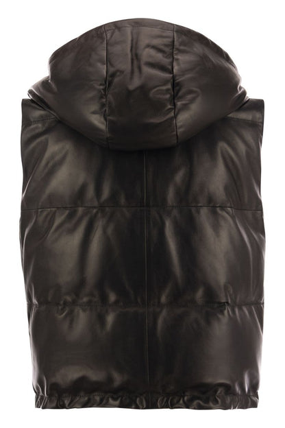 Sleeveless Leather Down Jacket - VOGUERINI