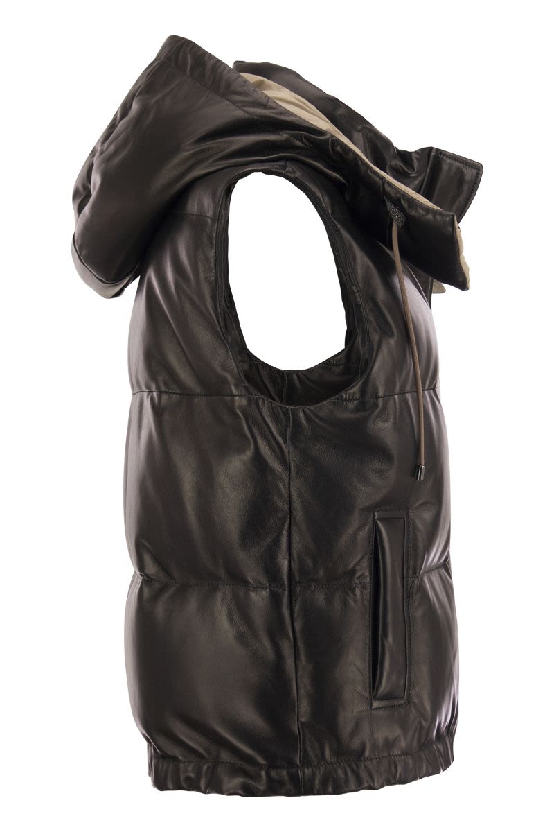 Sleeveless Leather Down Jacket - VOGUERINI