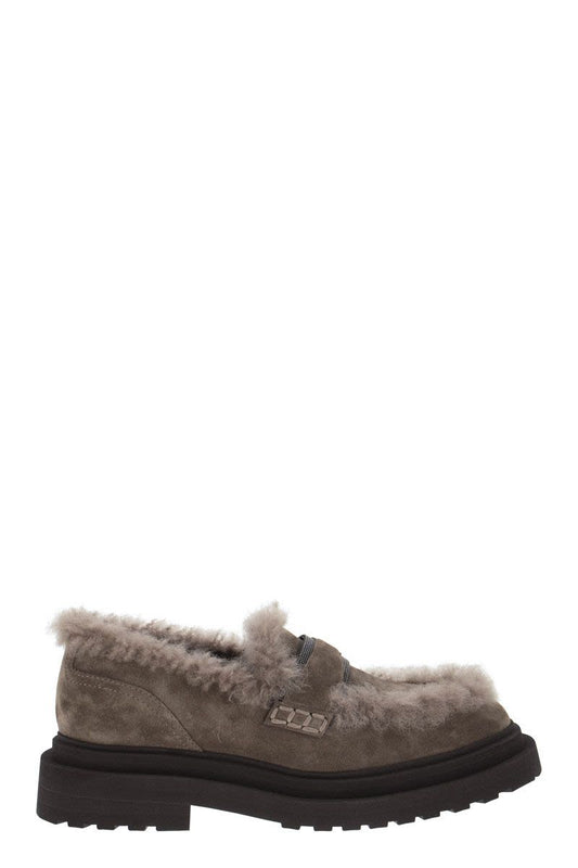 Suede loafer with shearling lining and Precious Insert - VOGUERINI