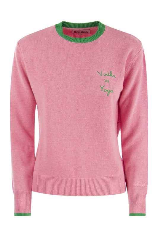 Wool and cashmere blend jumper with VODKA VS YOGA embroidery - VOGUERINI