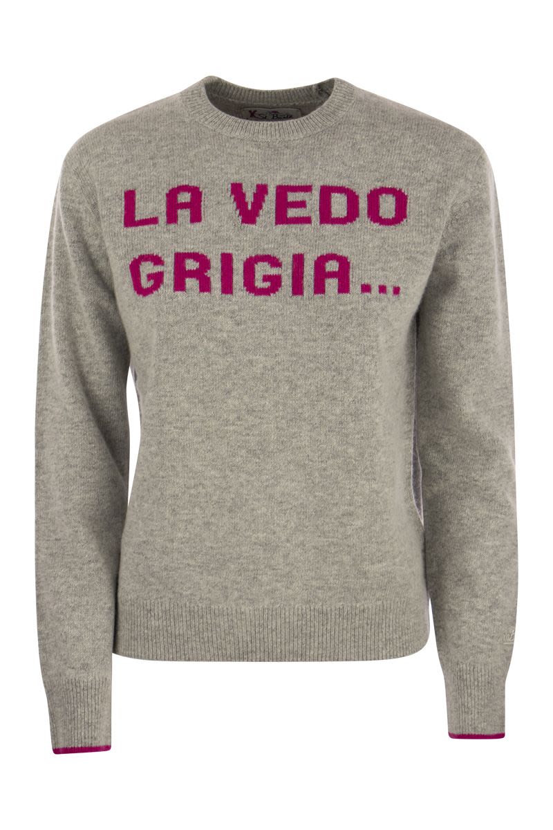 Wool and cashmere blend jumper with LA VEDO GRIGIA embroidery - VOGUERINI