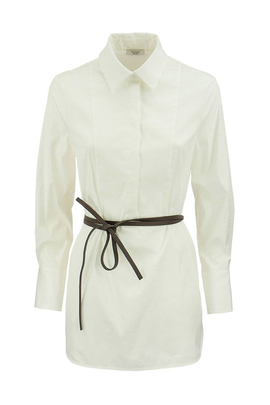 White Shirt with Leather Belt - VOGUERINI