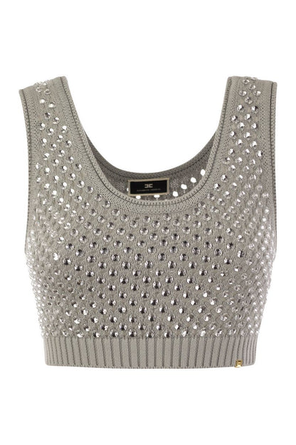 Cotton mesh top with rhinestones