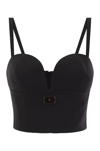 Stretch crepe bustier top with enamelled logo plaque - VOGUERINI