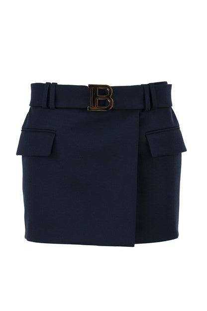 Short Blue Wool Low-rise Skirt - VOGUERINI